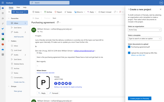 Choose Create a project - Outlook integration with Precisely