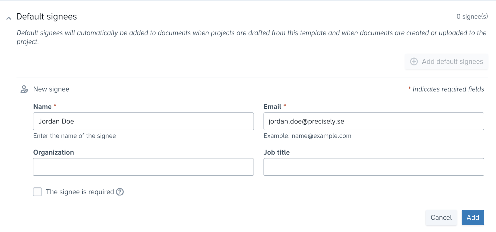 How do I add a default signee to a template?