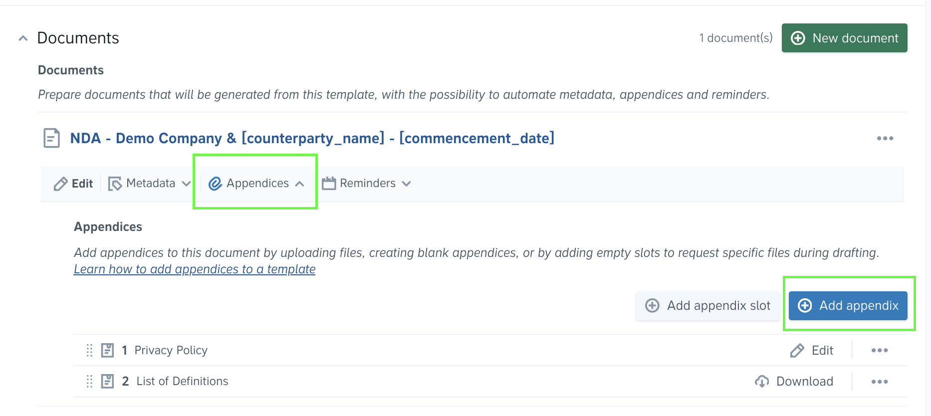 How do I add appendices to a template or a document?