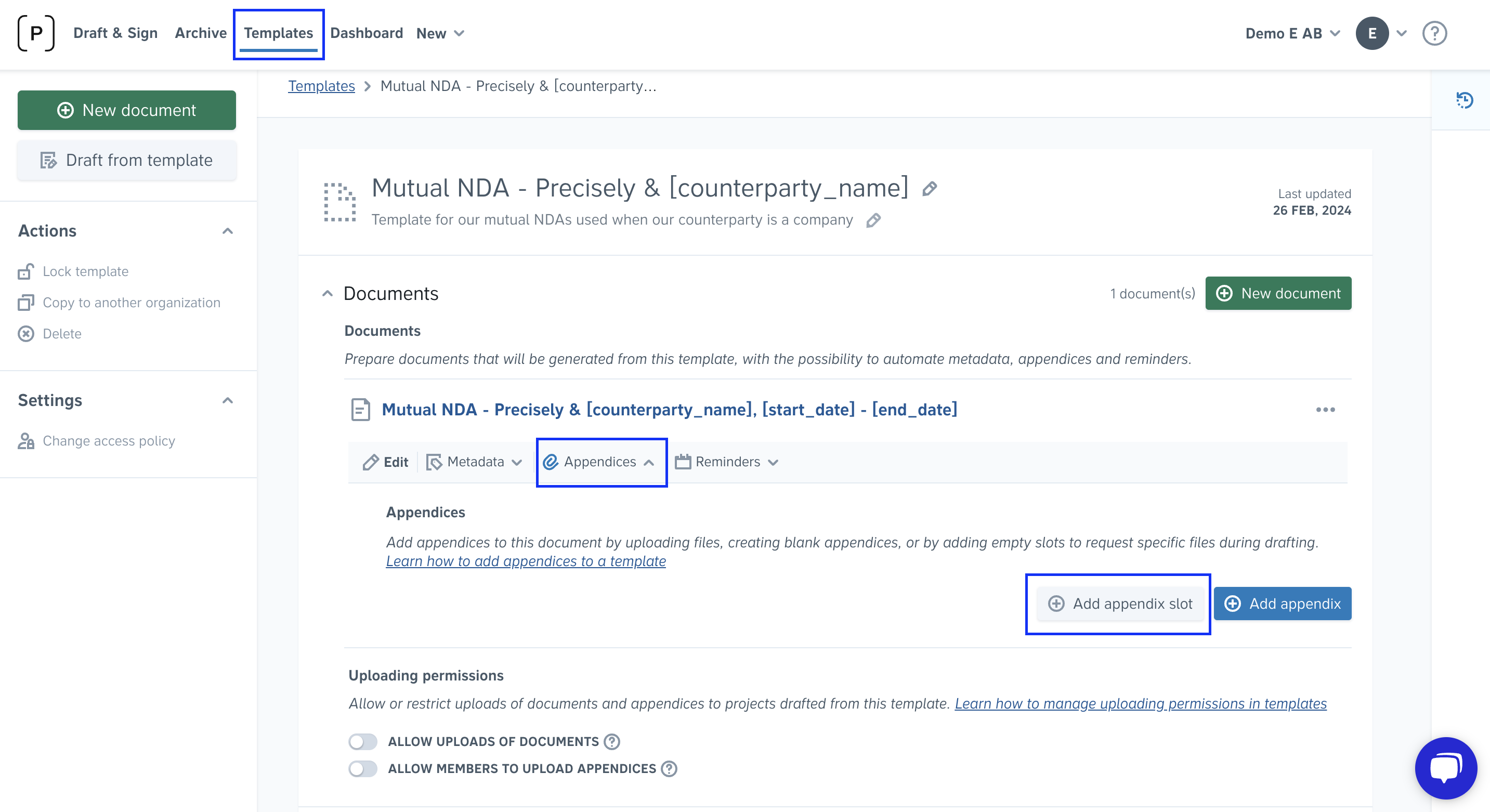 How do I add appendices to a template or a document?