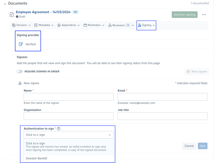 Verified.eu + Precisely - how to choose an authentication to sign